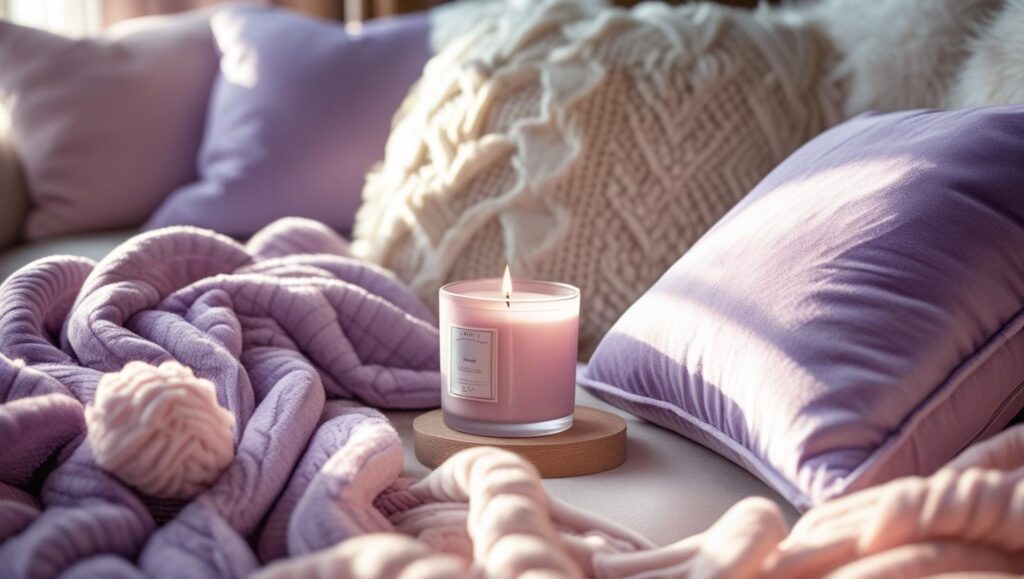 alt="Luxury lavender blanket and candle decor