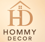 Hommy Decor logo featuring HD monogram in an elegant serif font with a house roof above, embossed in soft bronze on a dark golden background.