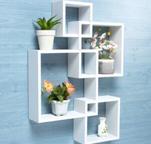 “Multicolor MDF wall shelf with intersecting design for living room and bedroom Indian décor”