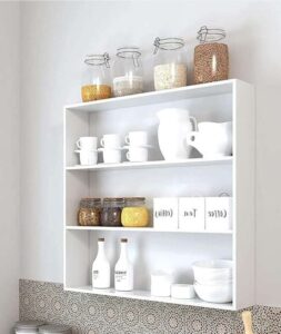 “White MDF kitchen rack wall shelf for spice jars and condiments in Indian kitchens”
