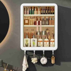 “White plastic 3‑compartment wall‑mounted storage cabinet for kitchen and bathroom use”