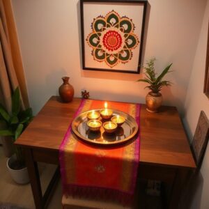 Traditional Indian home decor ideas on a budget - saree fabric table runner, diya clusters on a tray, and rangoli pattern wall art.