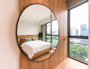 Small bedroom made to look large and spacious with a full-length mirror reflecting a window, creating an illusion of more space.