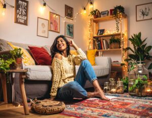 Smiling woman enjoying her beautifully decorated small apartment with successful DIY projects like fairy lights and plants in recycled jars