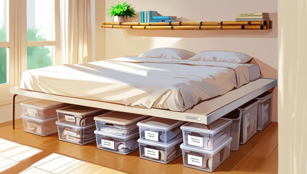 Neat and organized under-bed storage solutions with labeled plastic boxes and wall-mounted shelves in a small apartment bedroom