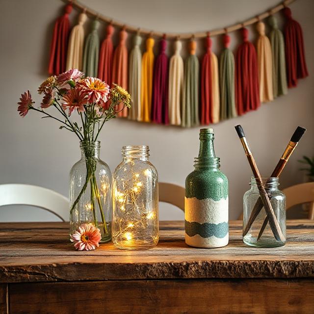 Beautiful DIY decor ideas using recycled materials - glass jar vases with flowers, fairy light bottles, and fabric scrap wall hangings.