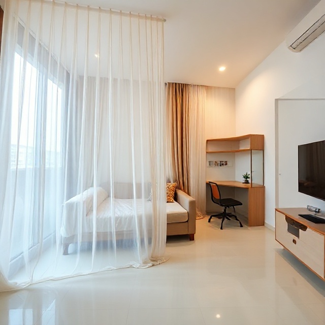 Studio apartment divided by a sheer curtain, featuring a sofa bed and wall-mounted folding desk for multifunctional space usage.