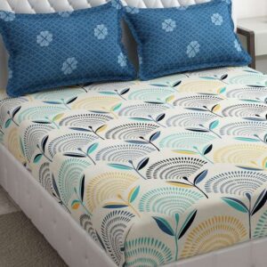 PLANO 250 TC Cotton Double / King Floral Flat Bedsheet (Blue / Crem Navy) Stylish floral prints enhance bedroom decor 
