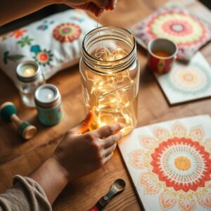 Close-up of hands creating DIY home decor with fairy lights in a jar, painted mason jars, and Indian fabric scraps on a wooden table.
