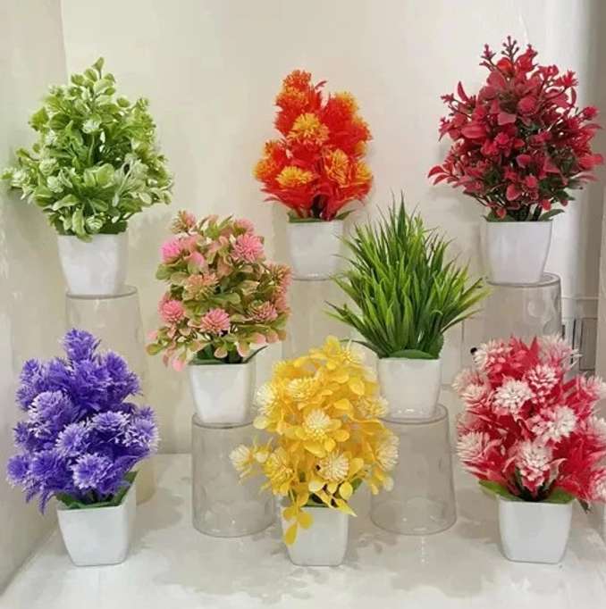 Ryme Artificial Plants: “Set of 8 mini multicolor artificial bonsai plants with pots, 15 cm each.”