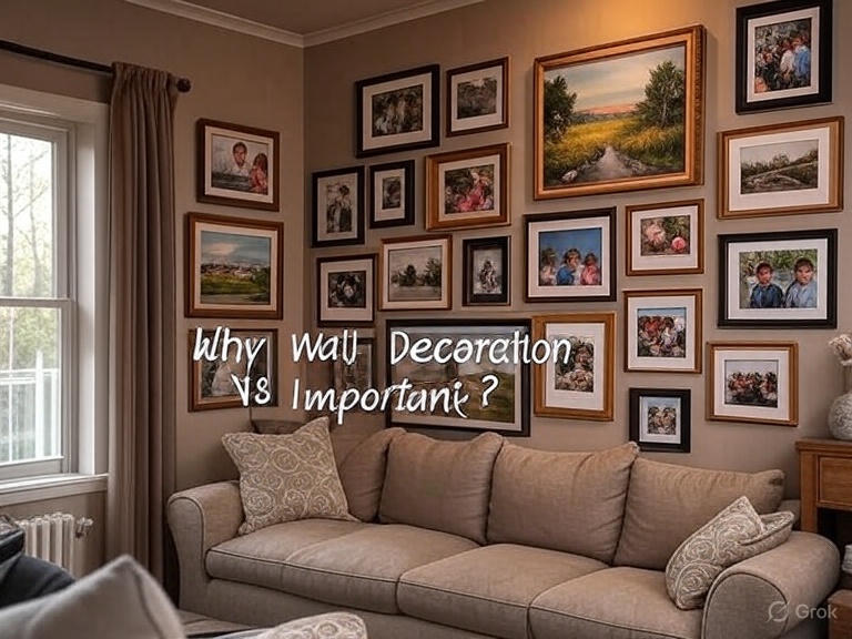 A wall densely decorated with numerous framed paintings of landscapes and flowers, with the text "Why Wall Decoration is Important?" overlaid in the center in bold white letters with a black outline.