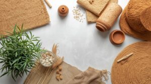 eco-friendly decor, jute baskets and bamboo frames on wall.”