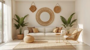 Minimalist Indian living room featuring bamboo frame wall art and jute accents, natural sunlight, earthy texture.”