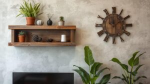 Indian apartment wall with reclaimed wood shelf, recycled metal wall clock, green plants.”