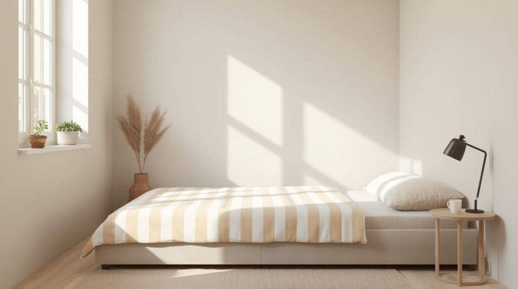 vertical striped bedsheet design for small bedroom look bigger