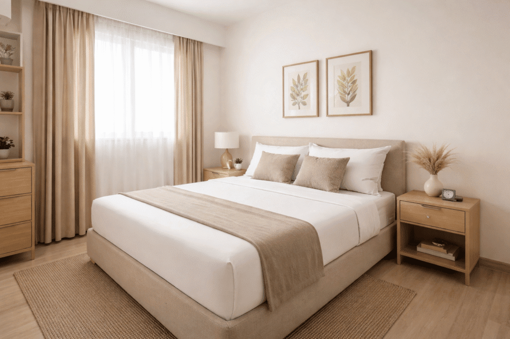 “Bedsheet sizes explained in India showing single, double, queen and king bedsheet fit on a neatly made bed in a small bedroom”