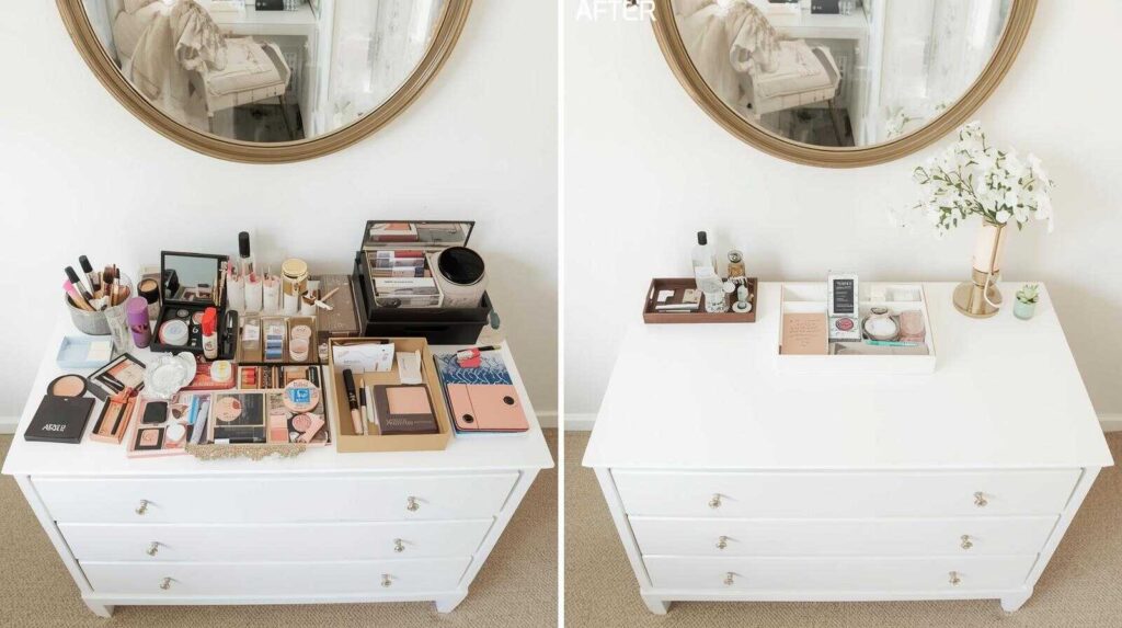 Removing visual noise from bedroom surfaces for minimalist design showing clear dresser transformatio