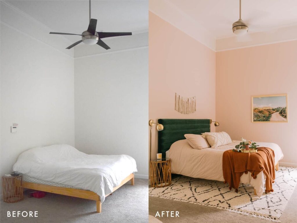 Small bedroom makeover before and after with paint and lighting changes