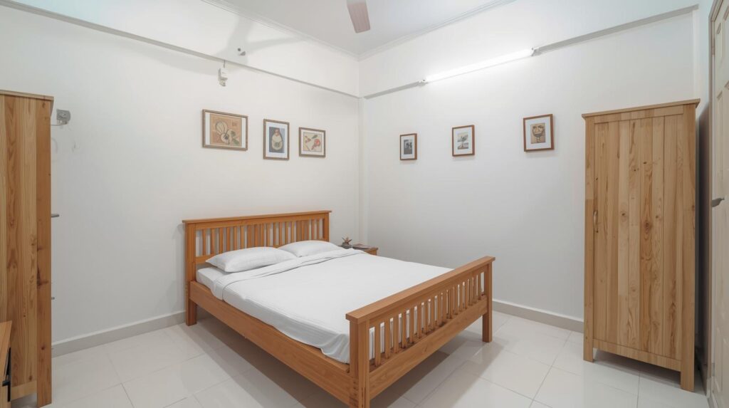 Low budget minimalist bedroom transformation under 5000 rupees showing painted walls and repurposed furniture