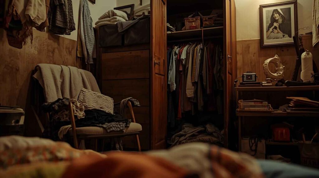 Cluttered Indian bedroom showing common storage problems with clothes and items creating visual chaos and stress