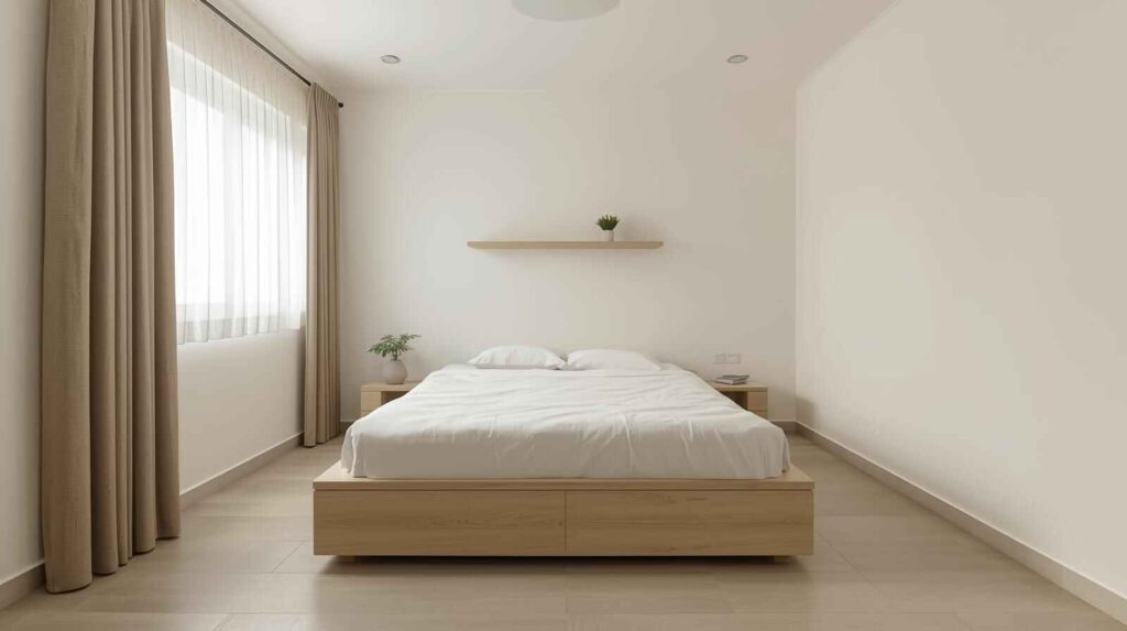 Small Indian bedroom showcasing minimalist design perfect for dust control and space optimization in compact homes