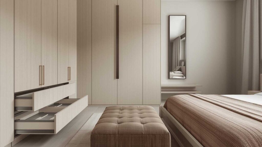 Hidden storage solutions for minimalist Indian bedroom including under-bed drawers and wall cabinets for clutter-free spacez