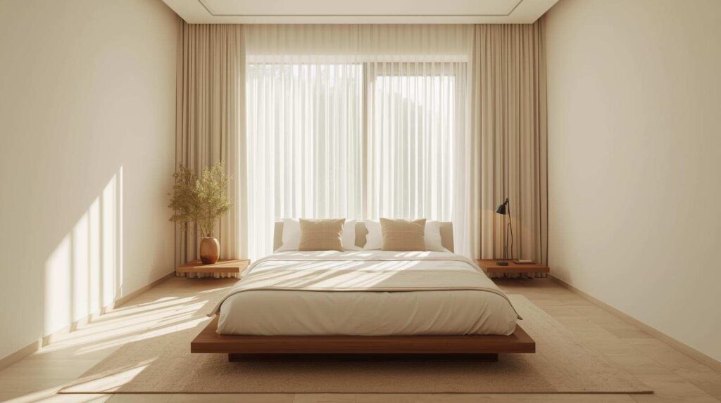 Natural light maximized in minimalist bedroom with sheer curtains and unobstructed window for better sleep quality
