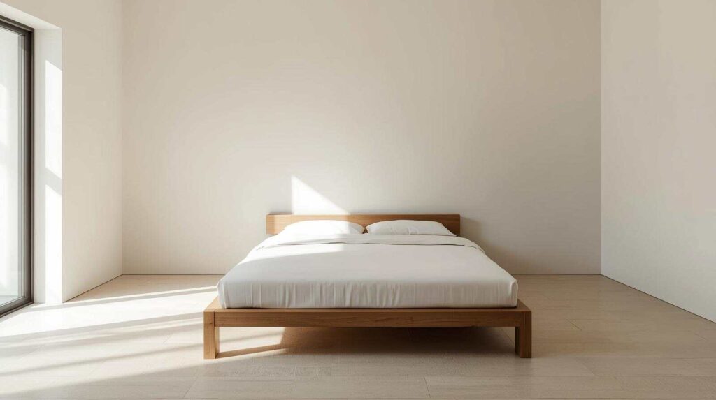 Low-profile bed in minimalist Indian bedroom making small room appear larger and more spacious