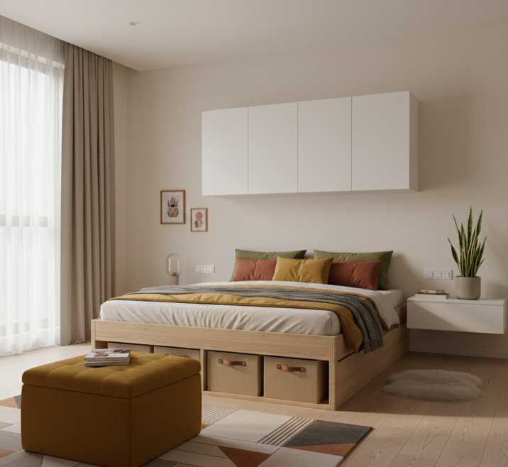 Minimalist bedroom storage solutions including under-bed organization and wall-mounted cabinets for clutter-free space