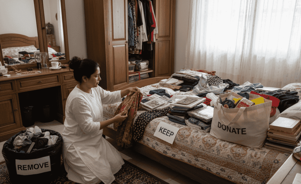 Decluttering bedroom using 90/90 rule for minimalist transformation showing organized sorting process