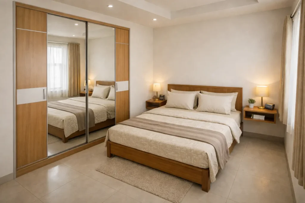 Sliding wardrobe design with mirror panels for small 10x10 bedroom storage solution