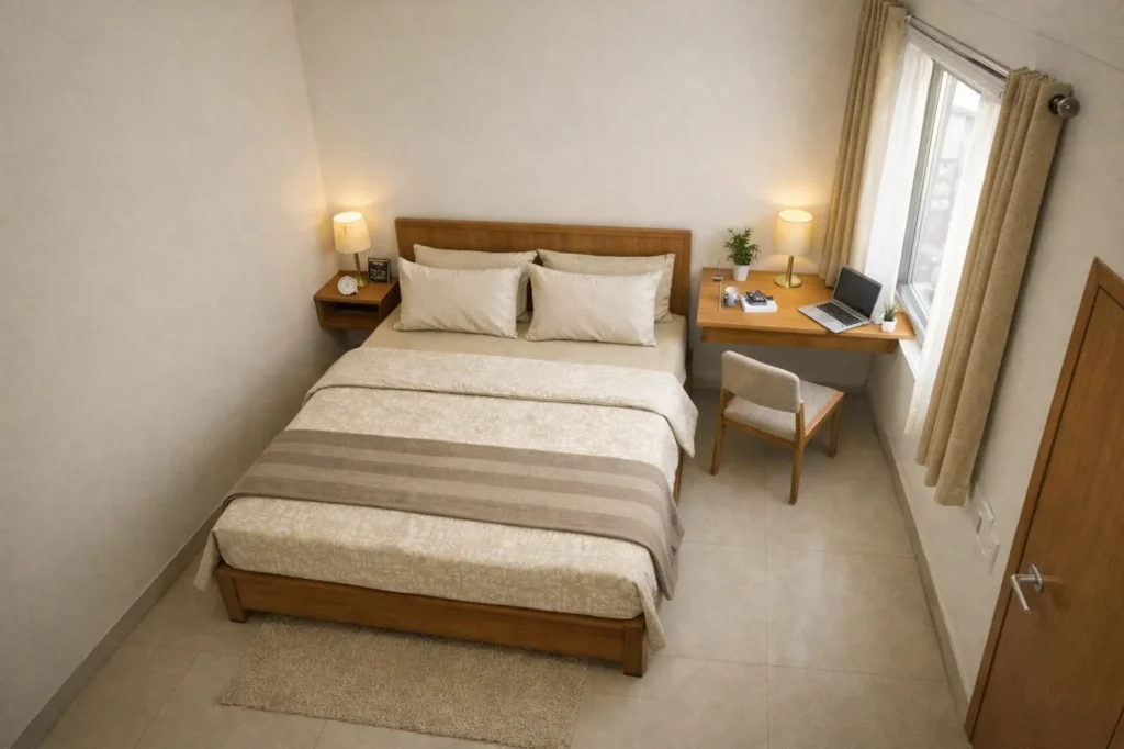 Small 10x10 bedroom with floating study table near window and queen bed layout