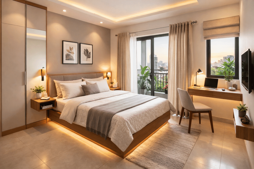 Light color palette and warm LED lighting setup making a small 100 sq ft bedroom look bigger