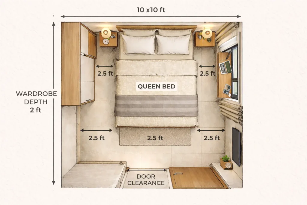 0x10 bedroom walking space diagram showing 2.5 feet clearance around queen bed in Indian room layout