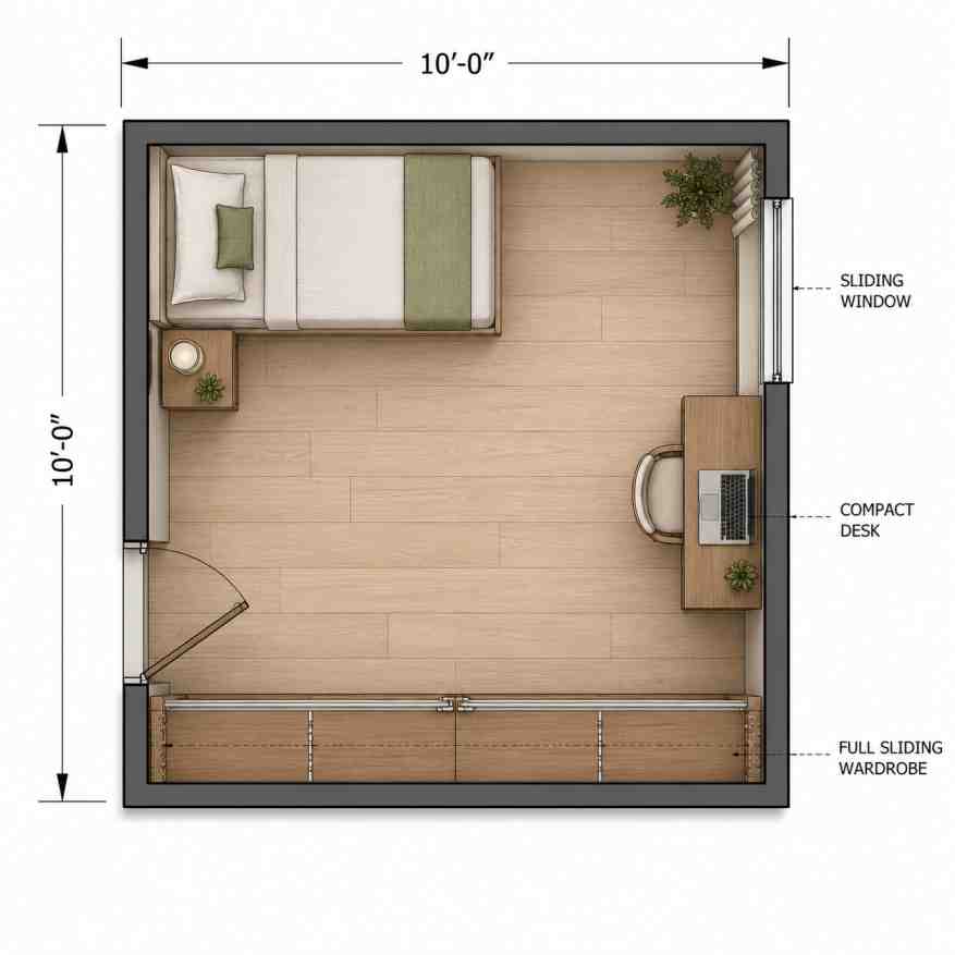 10x10 bedroom layout for single occupant with study desk and wardrobe Caption: Single occupant layout: corner bed + full sliding wardrobe + desk near window. Open floor kept clear. 