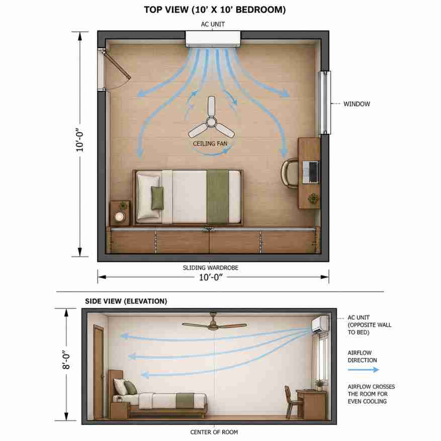 AC and fan placement diagram for 10x10 bedroom showing correct wall positions Caption: AC mounted on wall opposite bed, fan centered on ceiling. Arrows showing airflow direction across the room