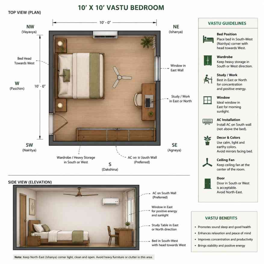 10x10 Vastu bedroom layout with single bed in southwest corner, study desk near east window, sliding wardrobe, centered ceiling fan, and AC placement shown in clean architectural top and side views.
