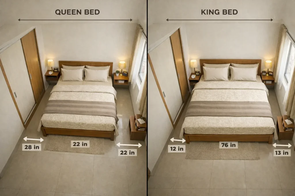 Queen vs king bed walking space comparison inside a 100 sq ft Indian bedroom layout