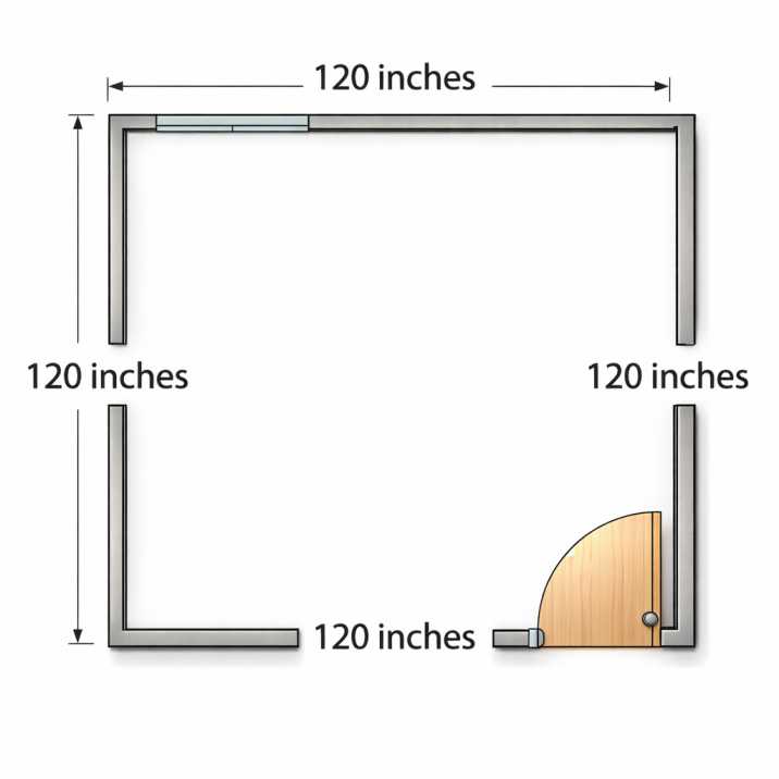 0x10 bedroom dimension diagram showing 120 by 120 inches floor plan Caption: Exact dimensions of a 10x10 bedroom: 120 inches × 120 inches with wall thickness reducing usable area.