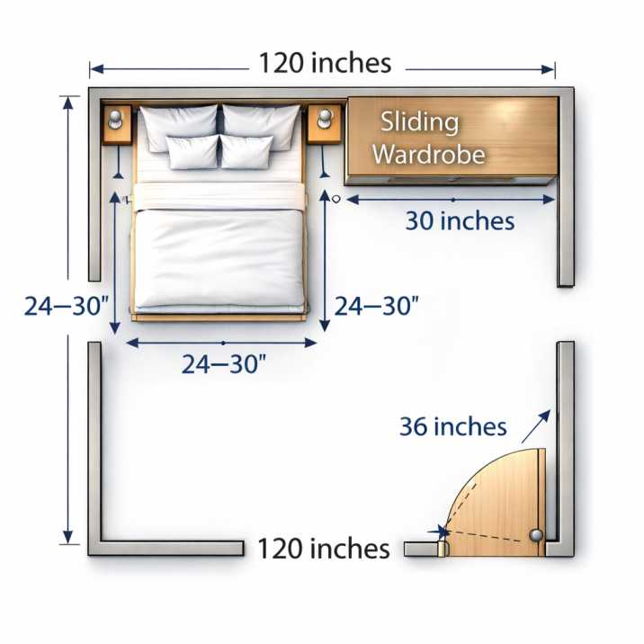 Walking space clearance diagram around bed and wardrobe in 10x10 bedroom Caption: Clearance arrows showing 24–30 inch minimum walking space around bed sides, wardrobe front, and door swing area.