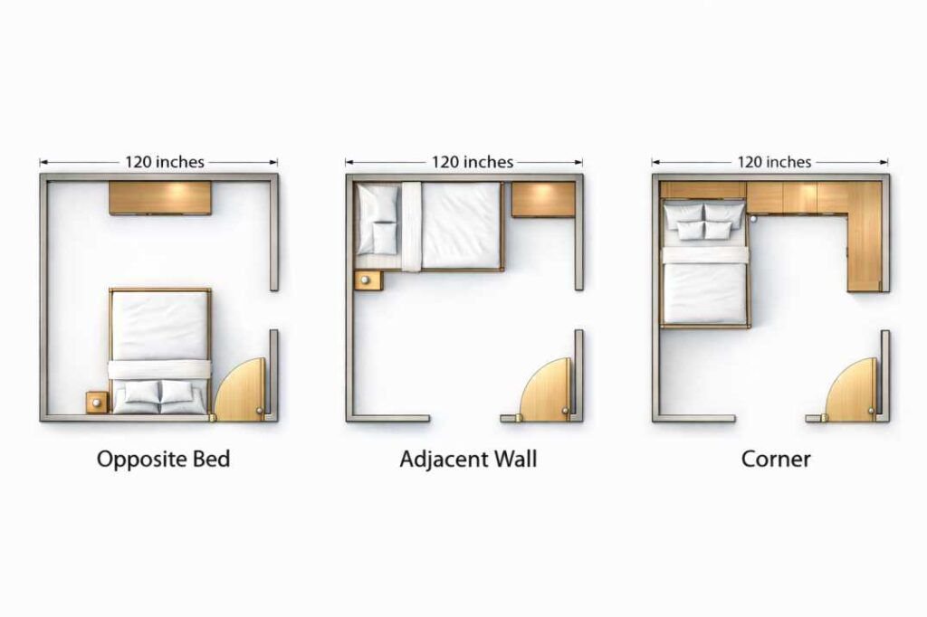Wardrobe placement options in 10x10 bedroom — opposite bed, side wall, corner Caption: Three top-view diagrams showing wardrobe placement options: opposite the bed, on the adjacent wall, and corner placement