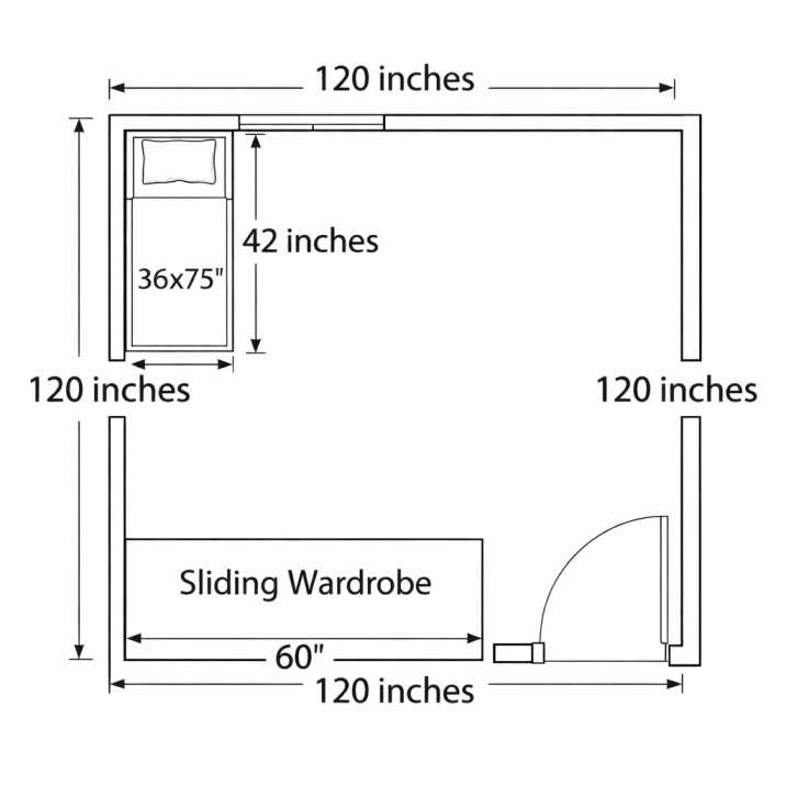 10x10 bedroom floor plan corner bed layout diagram . with measurements Caption: Corner bed layout: single bed in far corner, 60-inch sliding wardrobe opposite, 42 inches clearance on open side.
