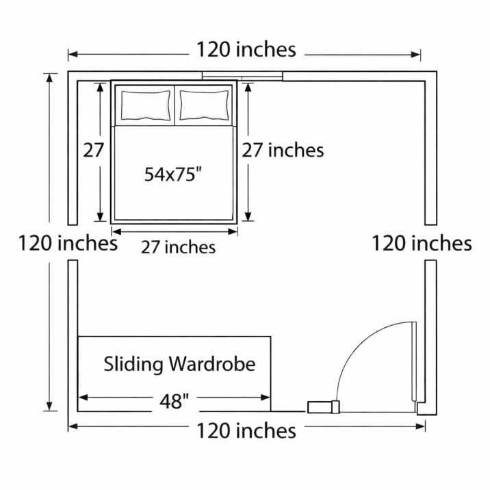 10x10 bedroom floor plan diagram center bed layout for couples with double bed Caption: Couples layout: double bed centered on main wall with 27 inches clearance on each side, sliding wardrobe on adjacent wall.