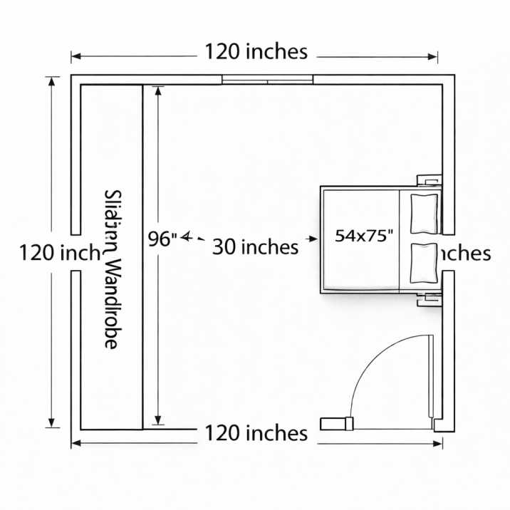 : 10x10 bedroom layout diagram with full wall sliding wardrobe opposite double bed Caption: Full-wall wardrobe layout: 96-inch sliding wardrobe on one wall, double bed opposite, 30 inches clearance in between.