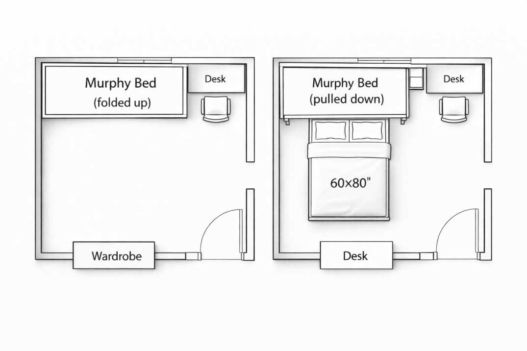 10x10 bedroom Murphy bed layout diagram showing bed folded up and room used as workspace Caption: Murphy bed layout: bed folds into wall during day, full open floor for desk and seating. 10x10 room transforms from bedroom to workspace.