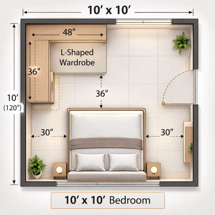 10x10 bedroom floor diagram plan with L-shaped corner wardrobe and double bed Caption: L-shaped wardrobe wraps a corner with 48+36 inch arms. Double bed faces the open wardrobe area.