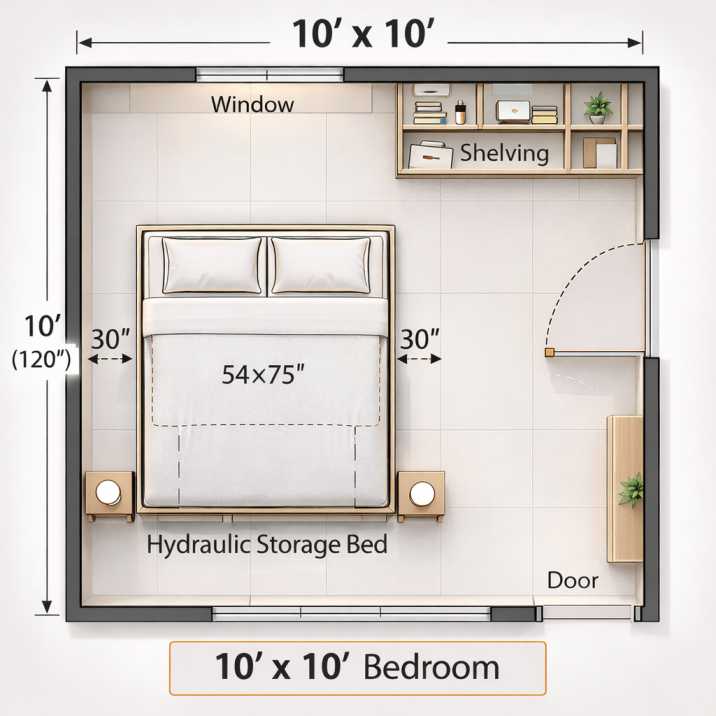 10x10 bedroom layout diagram with hydraulic storage bed replacing wardrobe Caption: Storage bed layout: hydraulic double bed with under-storage replaces wardrobe. Freed wall used for shelving unit.