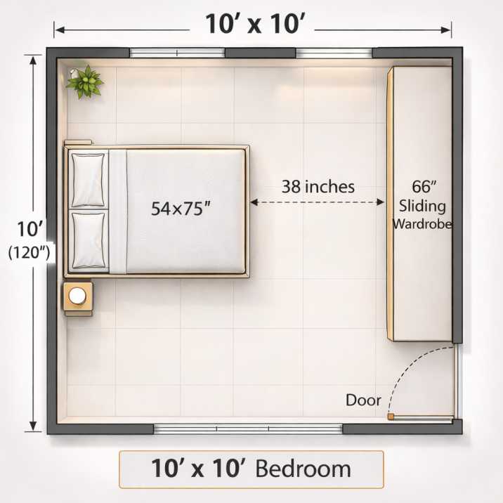 Classic 10x10 bedroom layout diagram . wardrobe opposite bed Indian apartment style Caption: Classic Indian bedroom layout: double bed against one wall, 66-inch sliding wardrobe directly opposite, 38 inches clearance.