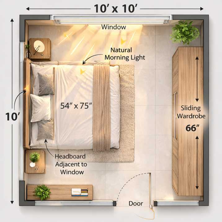 10x10 bedroom layout with bed positioned for natural light from window Caption: Light-first layout: bed headboard on wall adjacent to window. Morning light enters from the side naturally