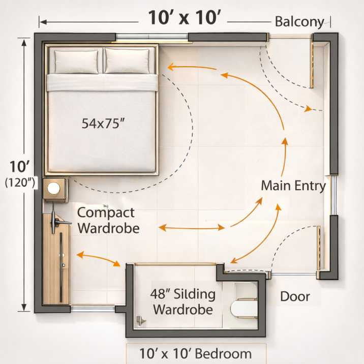 0x10 bedroom layout with attached bathroom door and balcony door placement Caption: Special layout for rooms with two doors: attached bathroom + main entry. Bed placed to avoid both door swing arcs